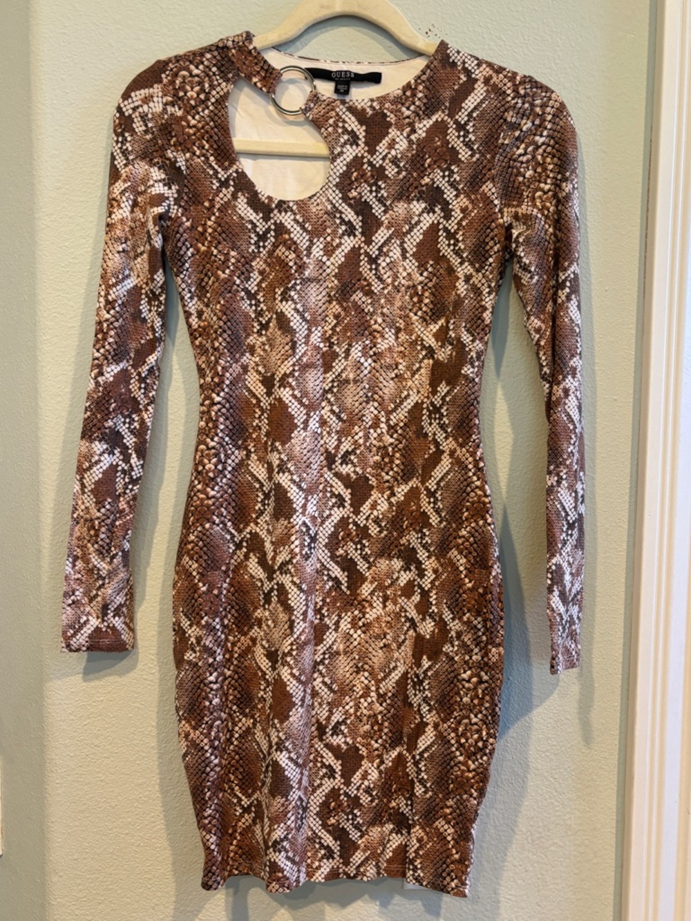 Vintage Guess Y2K Faux-Snake Print Long Sleeve Bodycon Dress with Ring Cutout